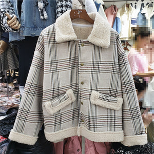 Faux Cashmere Autumn Winter Coat Women's New Fleece-Lined Padded Plaid Korean of Loose-Fit Jacket Women's