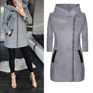 Women's winter warm jacket Women's Long Sleeve Zip Pocket Hooded Jacket Casual Slim Leather Contrast Jacket