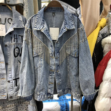 Load image into Gallery viewer, Heavy Rhinestone Fringed Denim Jacket Women&#39;s 2020 Spring New BF Loose Student Jean Jacket Students Tassel Denim Coats
