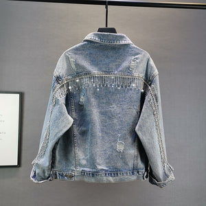 2020 new Ladies Jeans Jackets tide Heavy Industry Rhinestone Tassel Hole Denim Jacket Coat Women's large size loose jacket