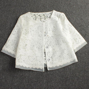 Spring summer new lace shawl jacket large size women's organza coat  Single-breasted white hollow Suit Tops